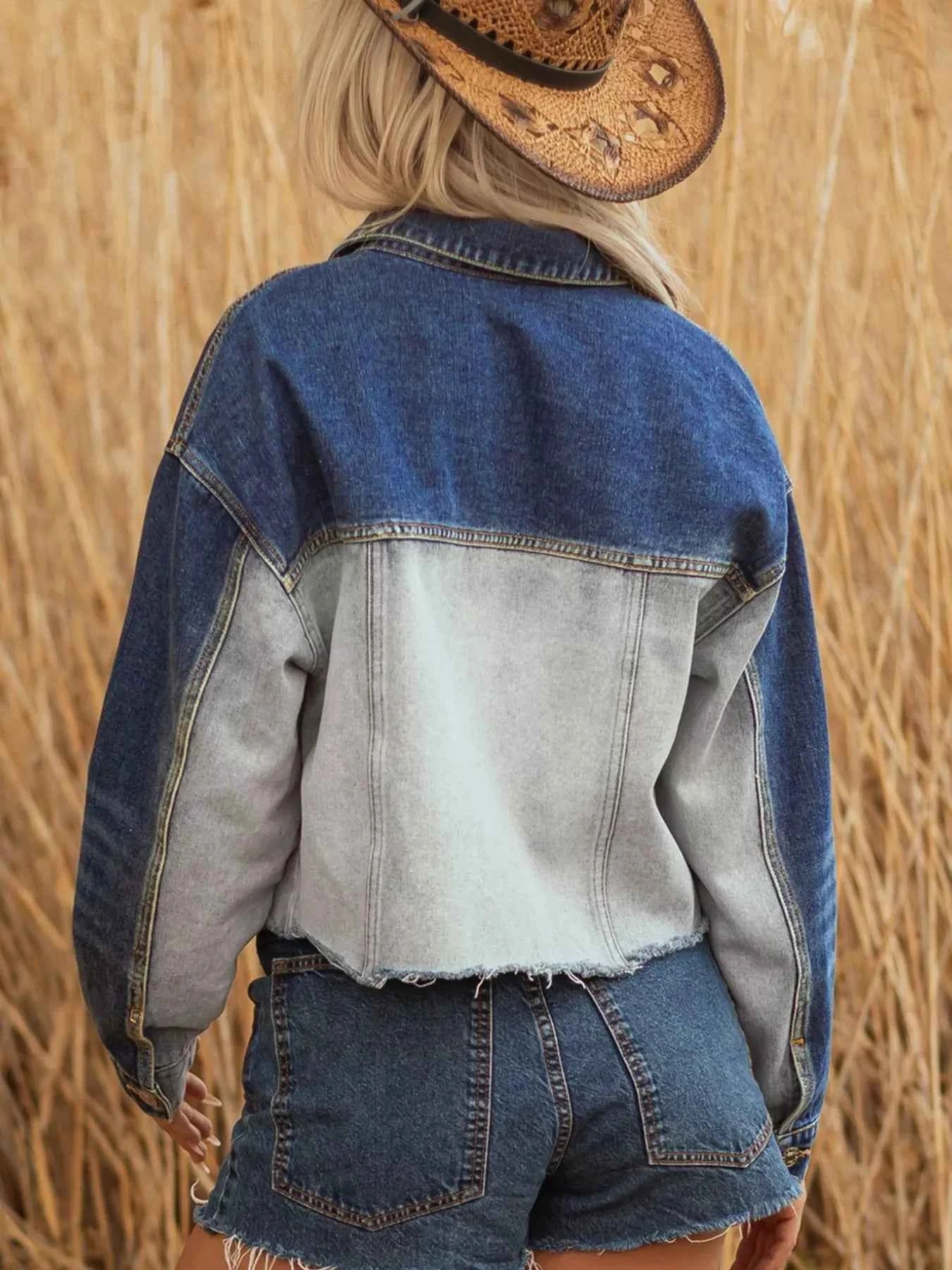 Color Block Patchwork Raw Hem Denim Jacket