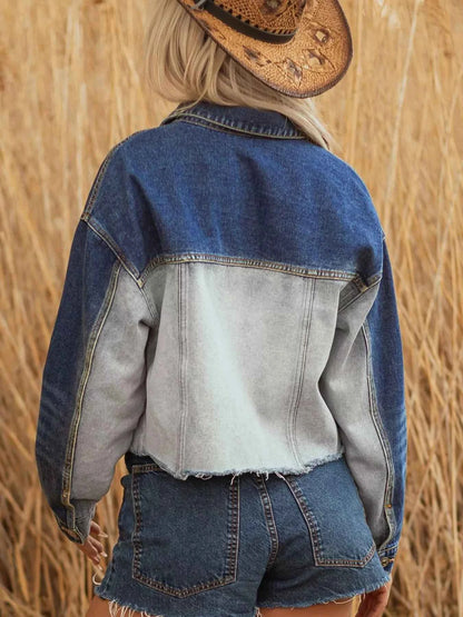 Color Block Patchwork Raw Hem Denim Jacket