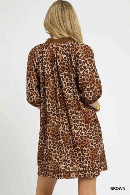 Umgee Full Size Leopard Print Mini Dress with Contrast Trim Plus Size