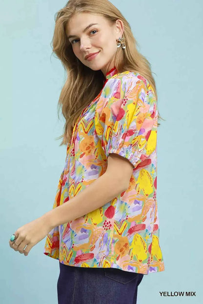 Umgee Abstract Print Puff Sleeve Top
