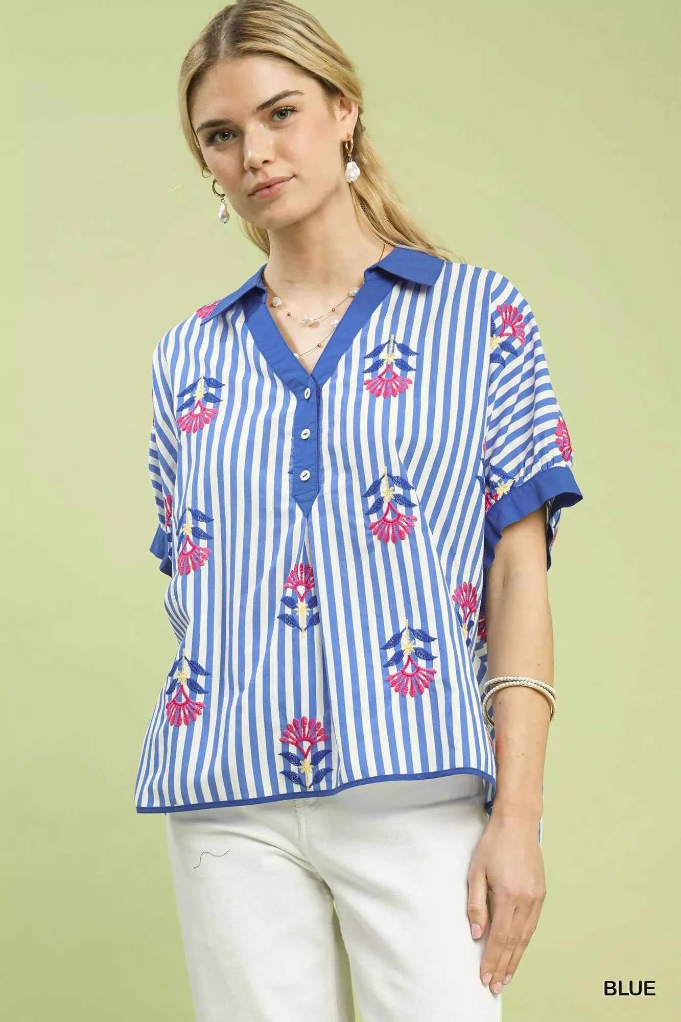Umgee Stripe Embroidered Button-Front Boho Blouse