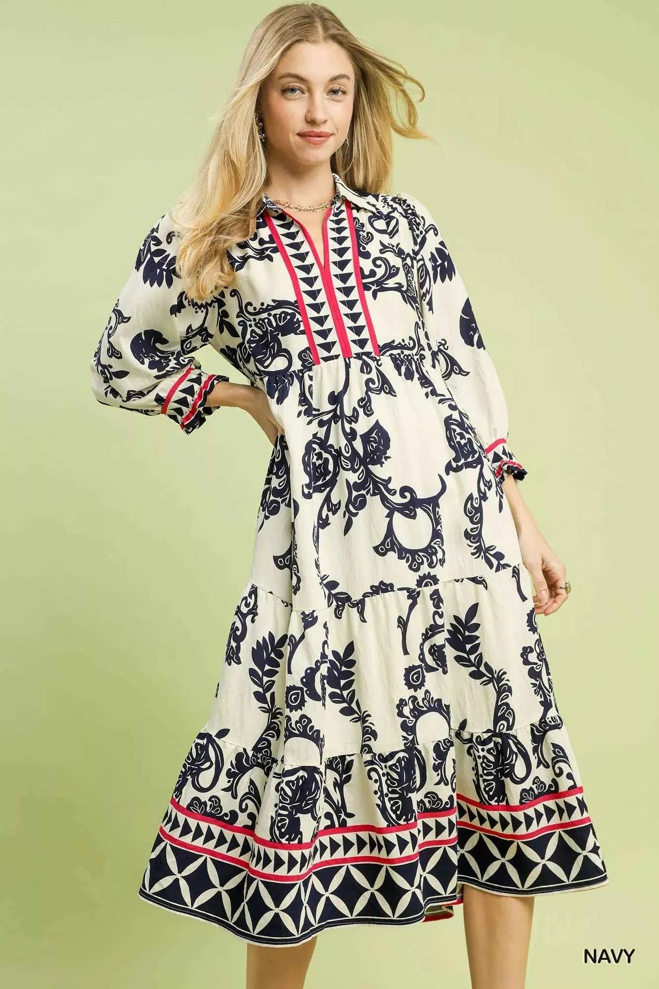 Umgee Boho Print Tiered Midi Dress