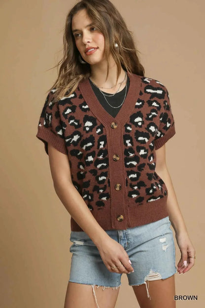 Umgee Leopard Button Down Short Sleeve Cardigan