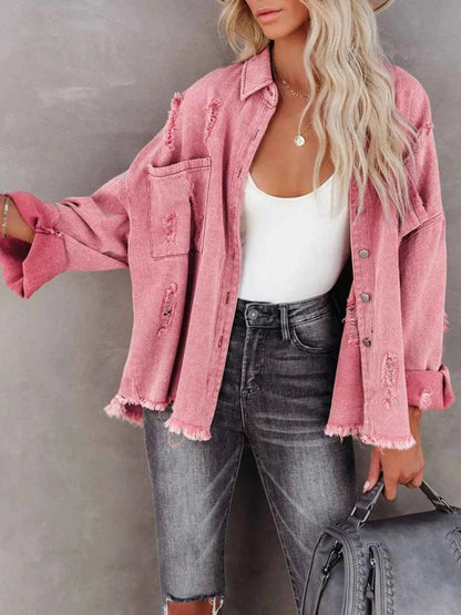 Raw Hem Button Up Denim Shacket