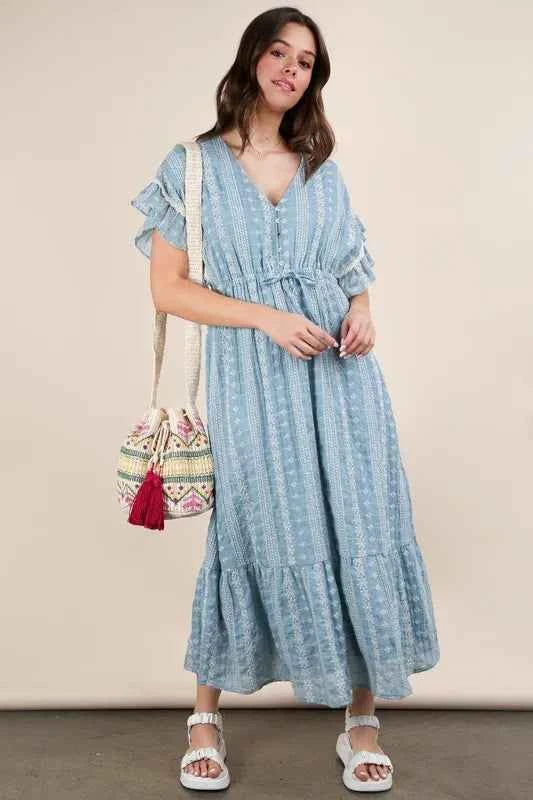 VERY J Embroidered Boho Ruffled Midi Dress