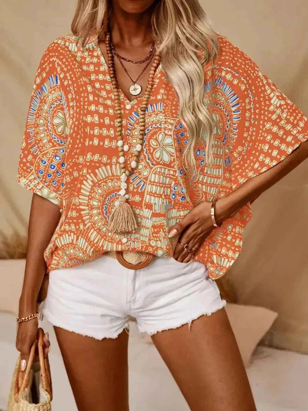 Printed V-Neck Half Sleeve Top
