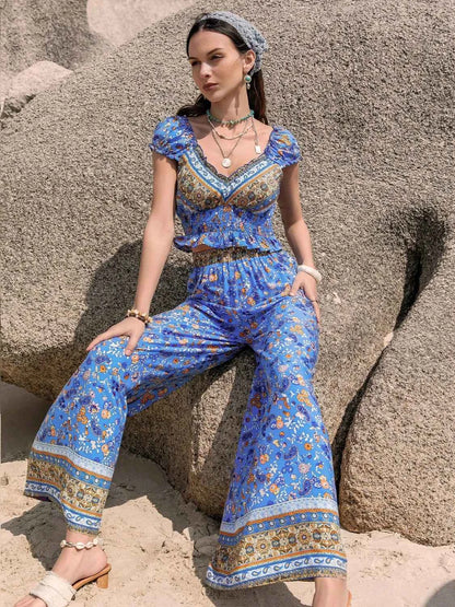 Printed V-Neck Top and Pants Set