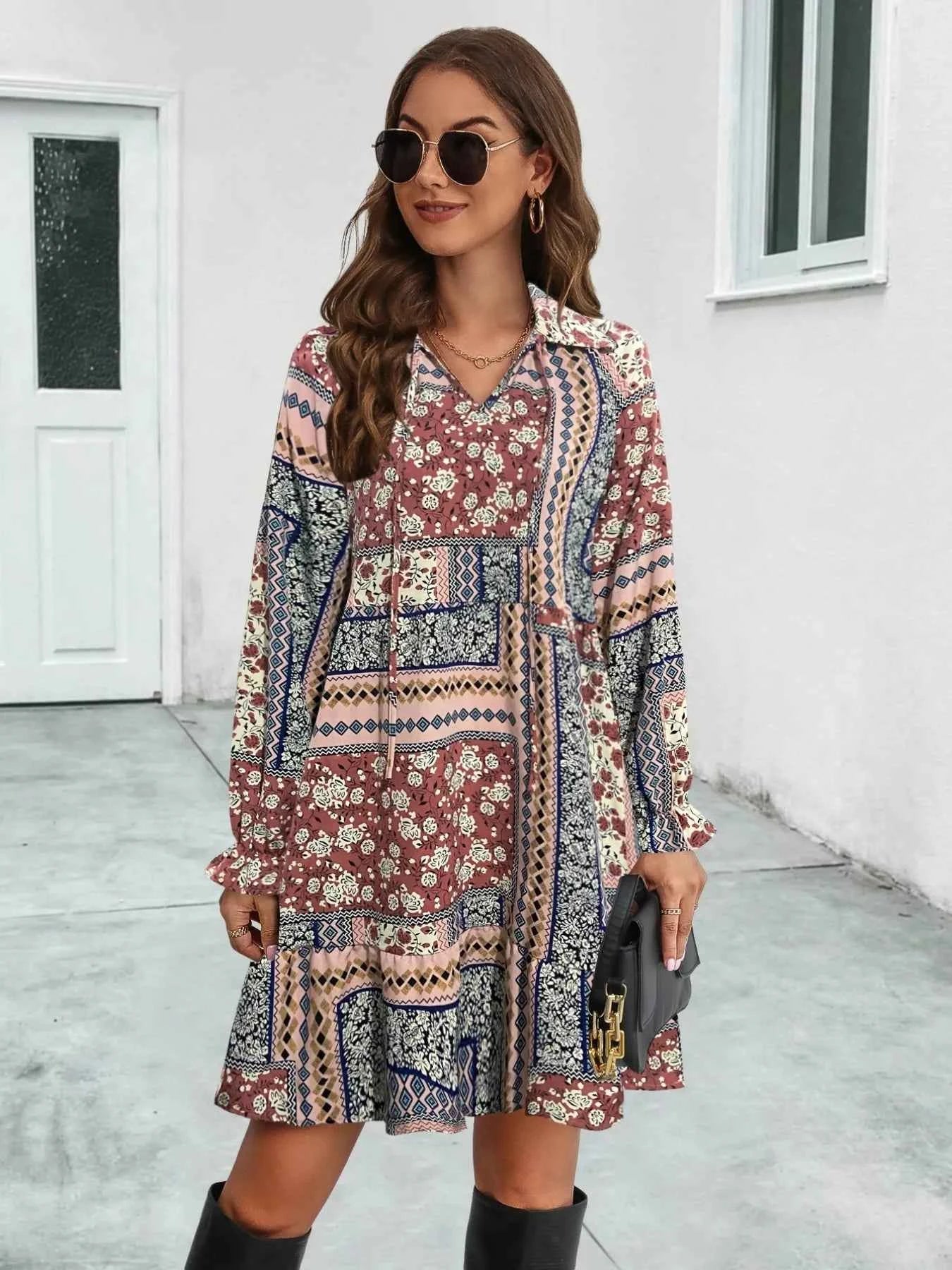Boho Floral Print Long Sleeve Mini Dress