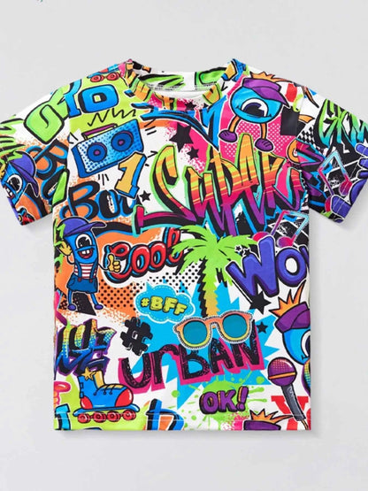 Children's Graffiti Print Crew Neck Short Sleeve T-Shirt