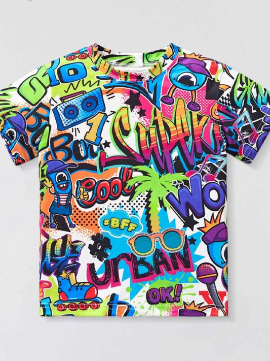 Children's Graffiti Print Crew Neck Short Sleeve T-Shirt
