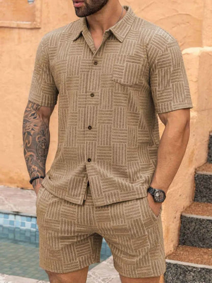 Men's Full Size Button Up Short Sleeve Top and Shorts Set Plus Size