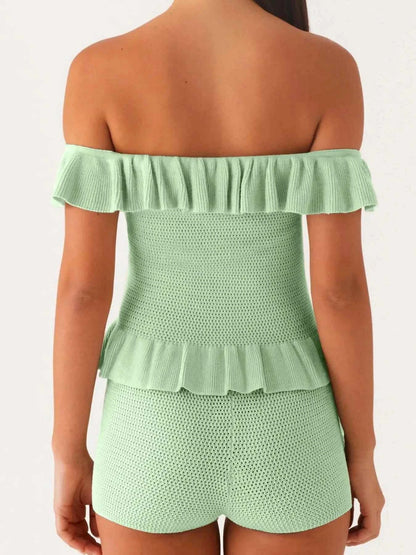 Off-Shoulder Ruffle Top and Shorts Sweater Set