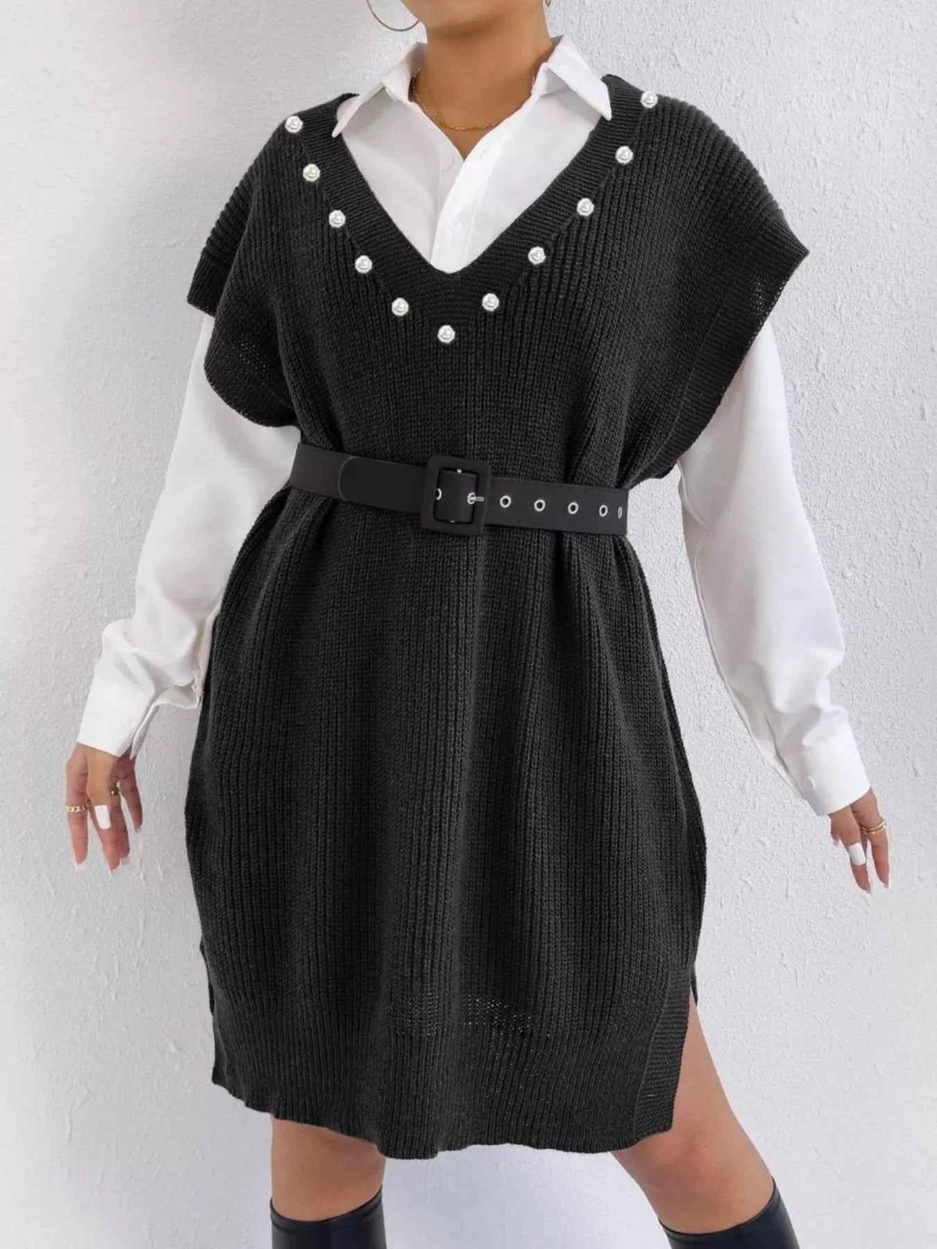 Slit V-Neck Sweater Dress