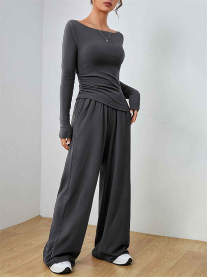 Casual Long Sleeve Top & Wide Leg Pants Set