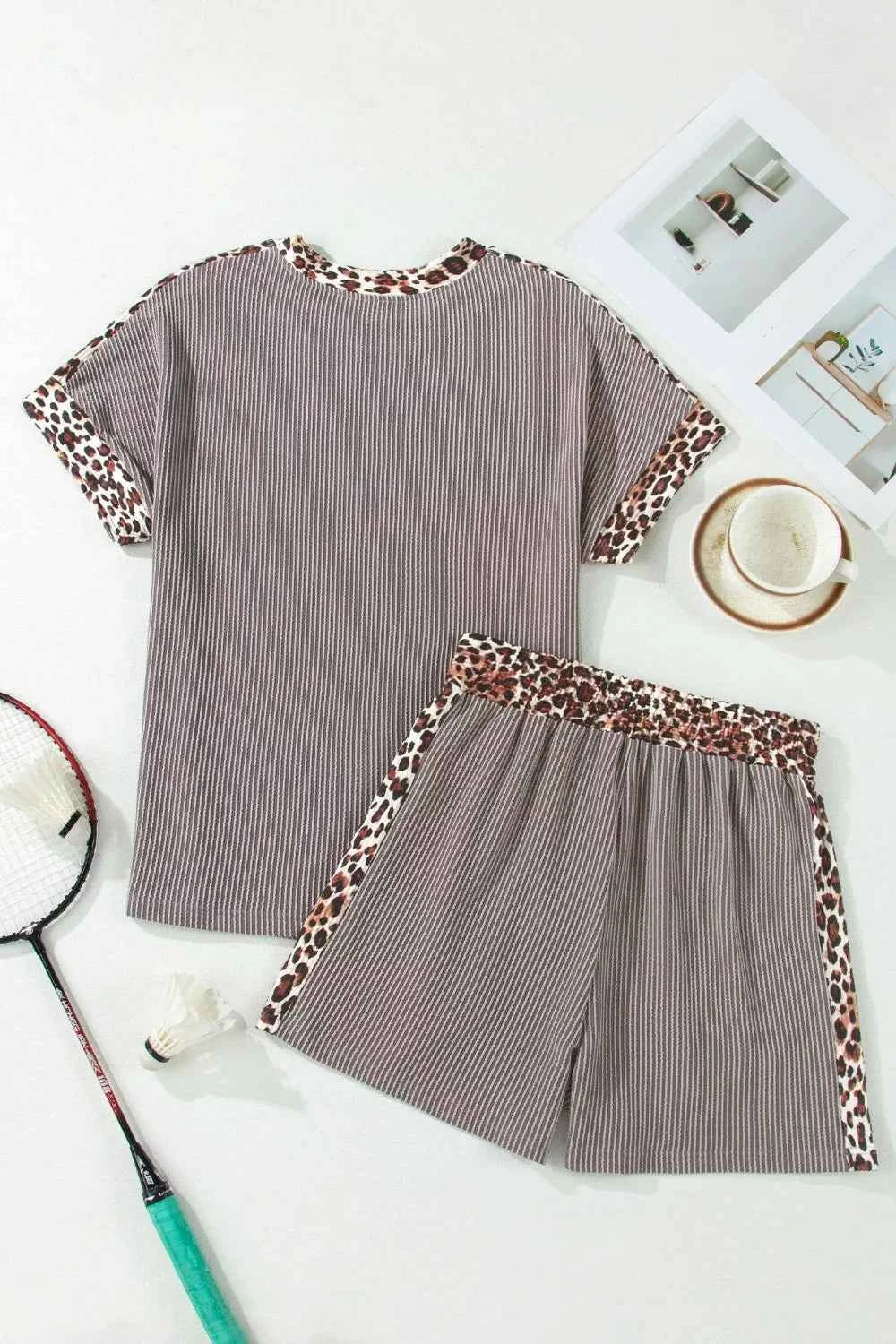 Leopard Trim Ribbed Knit Tee and Shorts Set