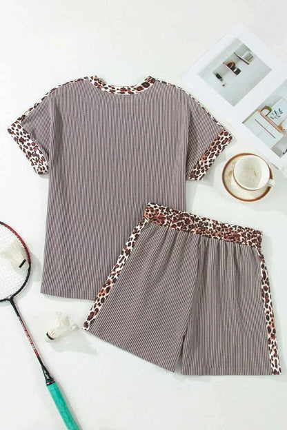 Leopard Trim Ribbed Knit Tee and Shorts Set