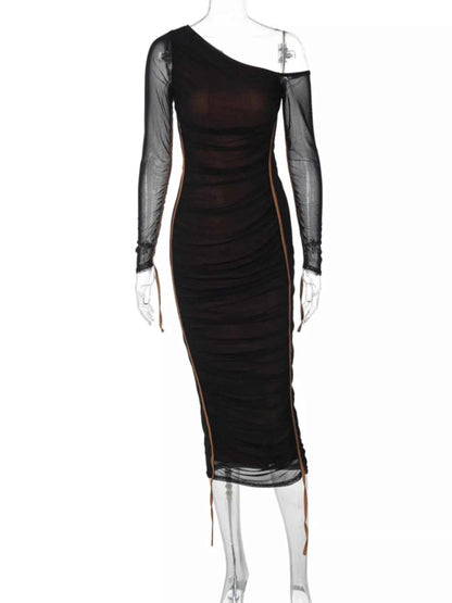 One-Shoulder Ruched Bodycon Midi Dress