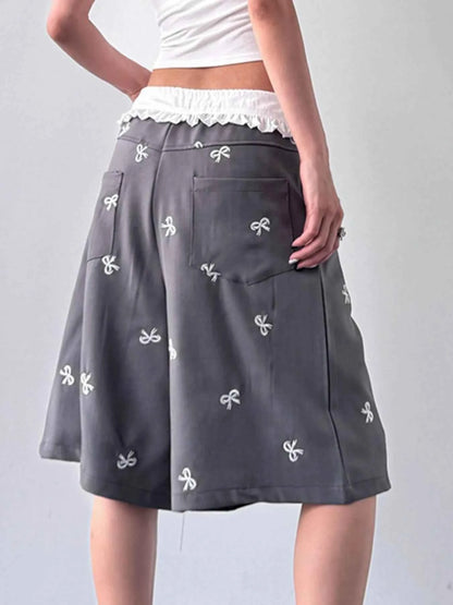 Bow Print Wide Leg Shorts with Contrast Ruffle Waistband