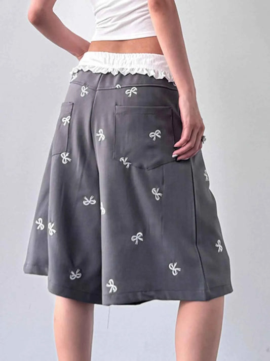 Bow Print Wide Leg Shorts with Contrast Ruffle Waistband
