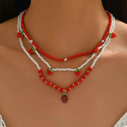 3 Piece Beaded Strawberry Necklace