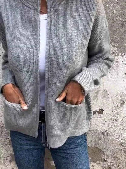 Full Size Zip Up Ribbed Knit Cardigan with Front Pockets Plus Size