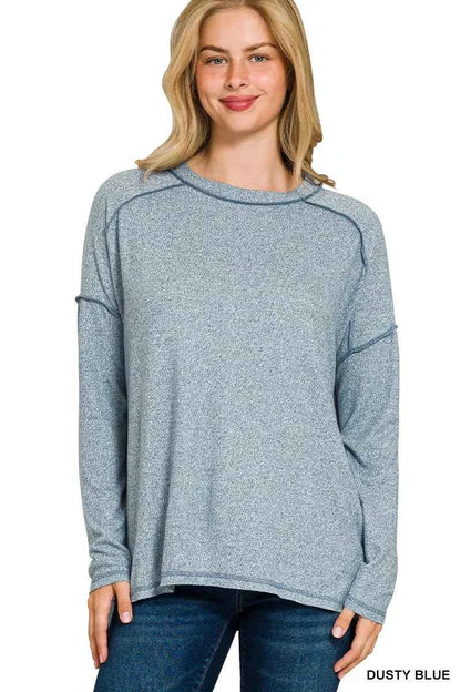 Zenana Full Size Melange Hacci Exposed Seam Hi-low Tee Plus Size