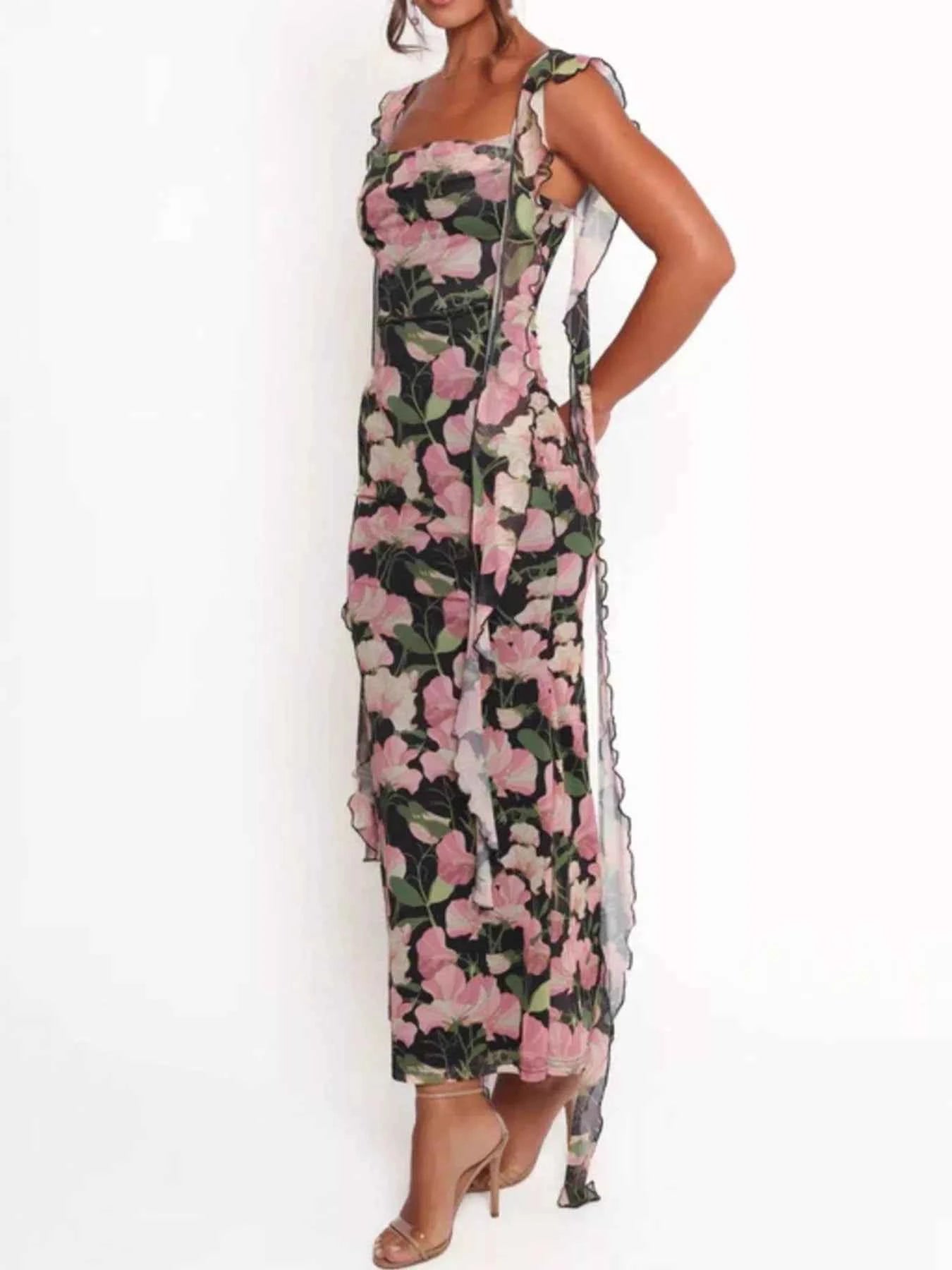Floral Print Ruffle Trim Bodycon Maxi Dress