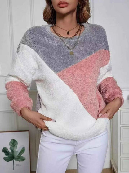 Color Block Fuzzy Knit Sweatshirt