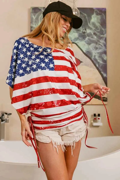 BiBi American Flag Printed Side Ruched Details Knit Top