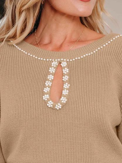 Pearl Embellished Keyhole Ribbed Sweater Dress