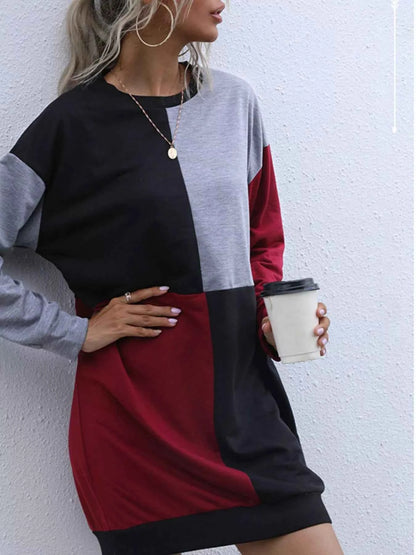 Color Block Casual Long Sleeve Mini Dress