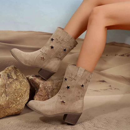 Star Cutout Block Heels Boots