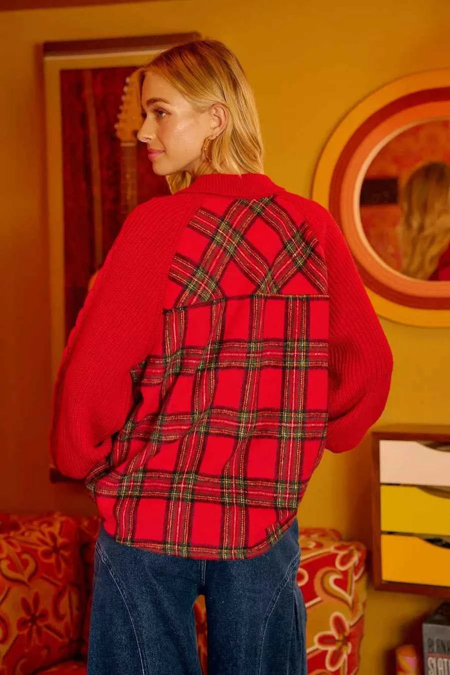 BiBi Plaid Buttoned Collared Top with Sweater Sleeve