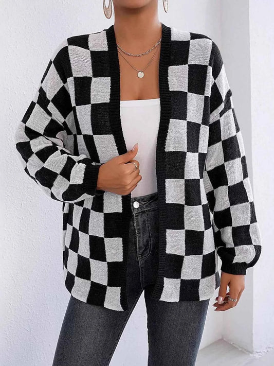Checkerboard Pattern Open Front Knit Cardigan