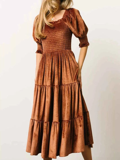 Velvet Smocked Tiered Midi Dress