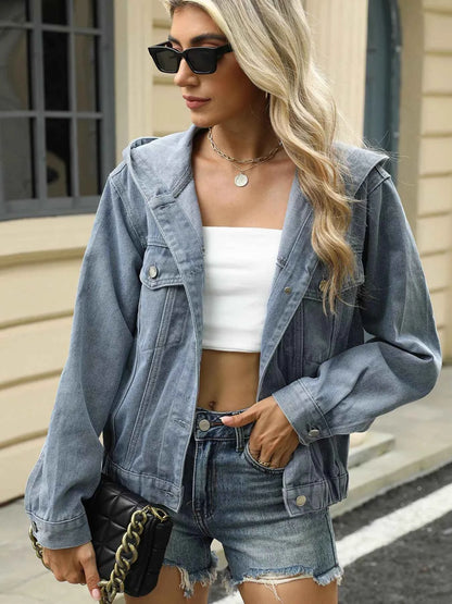 Washed Button Up Hooded Denim Jacket