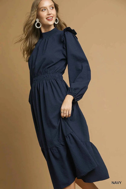Umgee Textured Midi Dress with Ruffle Shoulder Detail