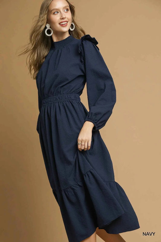 Umgee Textured Midi Dress with Ruffle Shoulder Detail