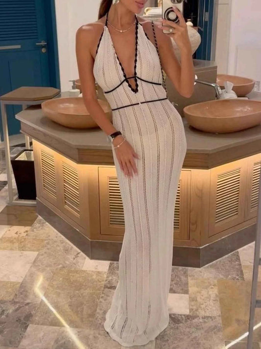 Openwork Halter Neck Maxi Sweater Dress