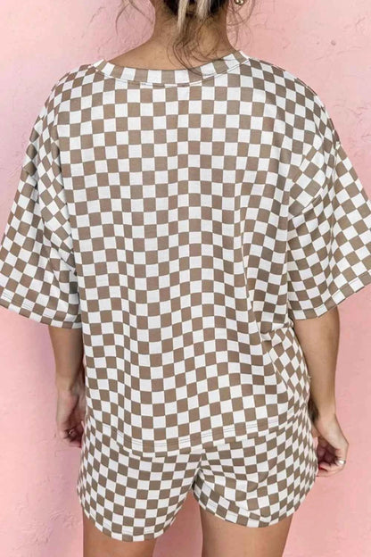 Checkered Round Neck Top and Shorts Set