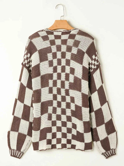 Checkerboard Pattern Sweater Cardigan