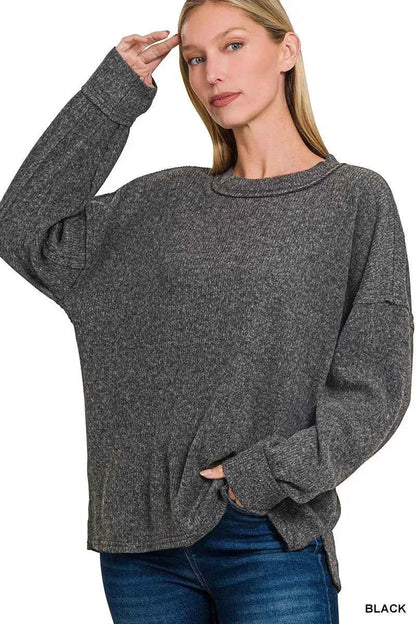 Zenana Full Size Brushed Ribbed Hacci Drop Shoulder Sweater Plus Size