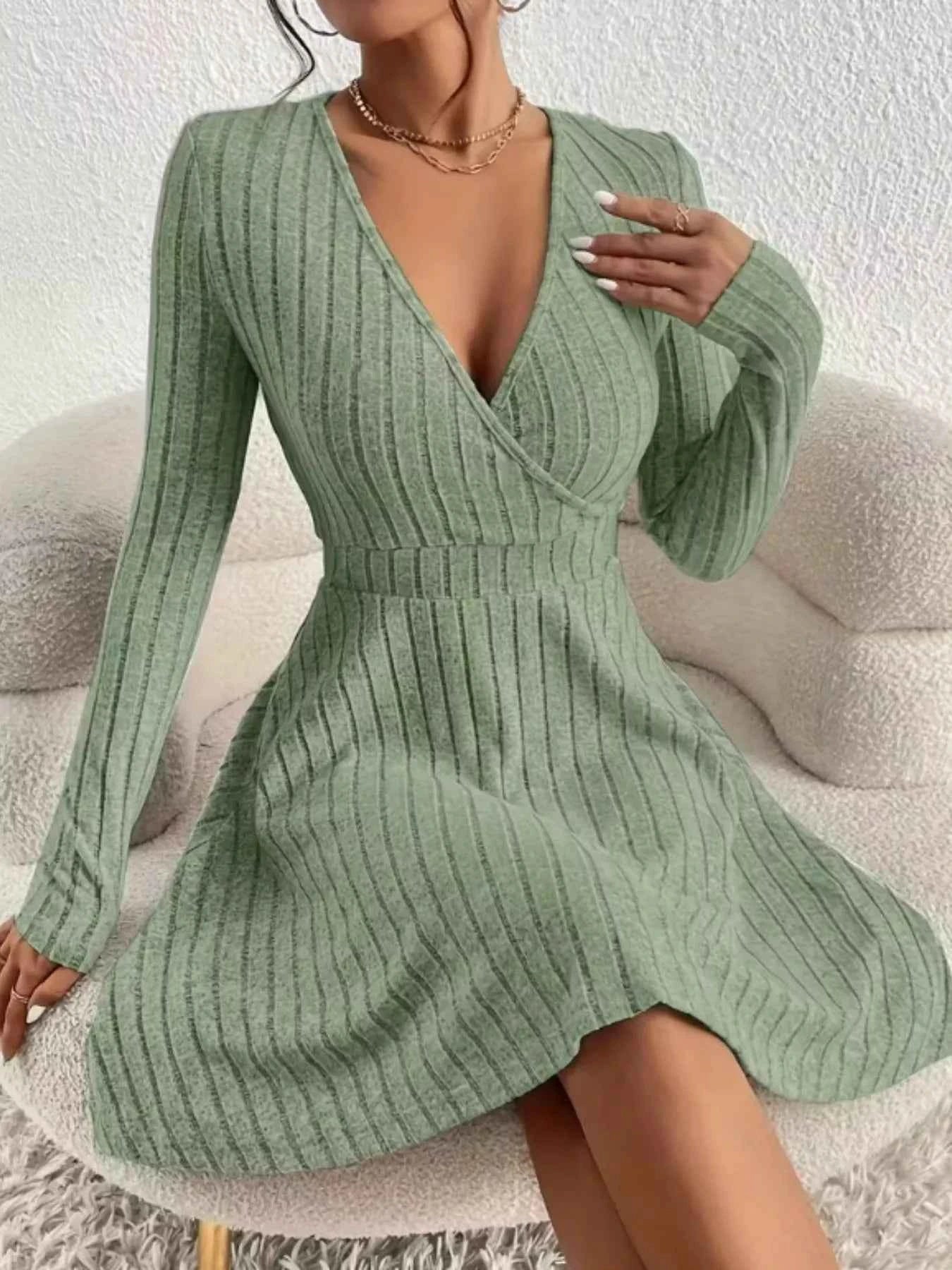 Ribbed Knit Wrap Mini Dress