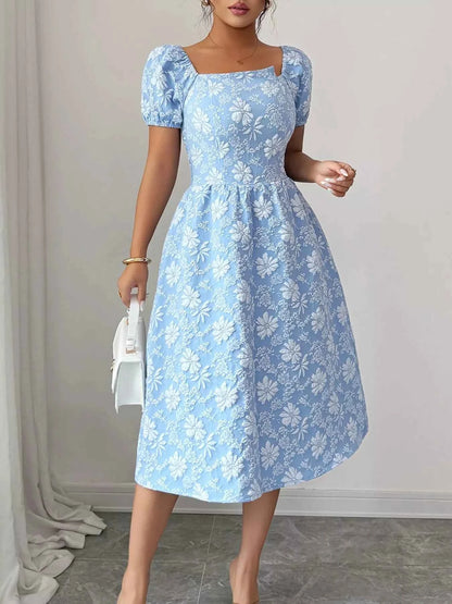 Floral Square Neck Puff Sleeve Midi Dress