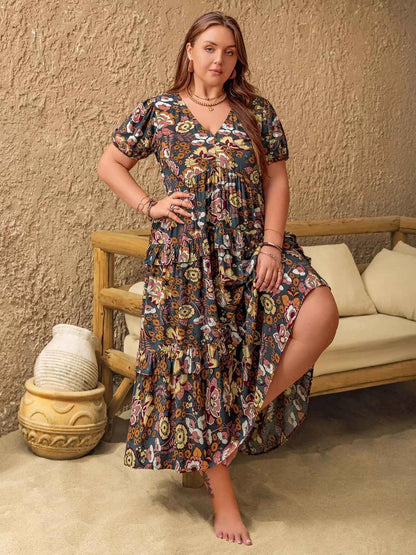 Plus Size V-Neck Short Sleeve Midi Dress