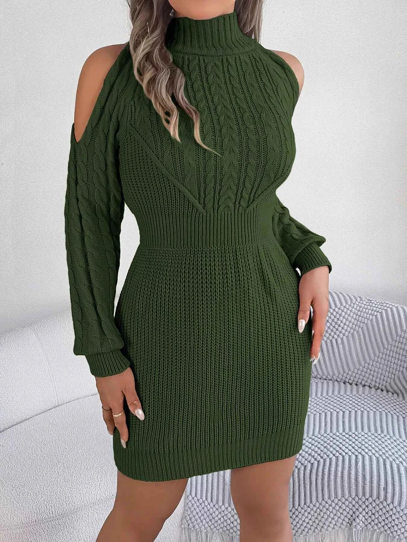 Cold Shoulder Cable Knit Turtleneck Sweater Dress