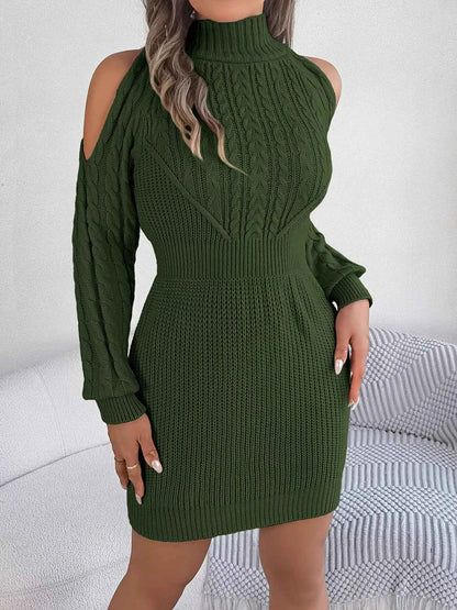 Cold Shoulder Cable Knit Turtleneck Sweater Dress