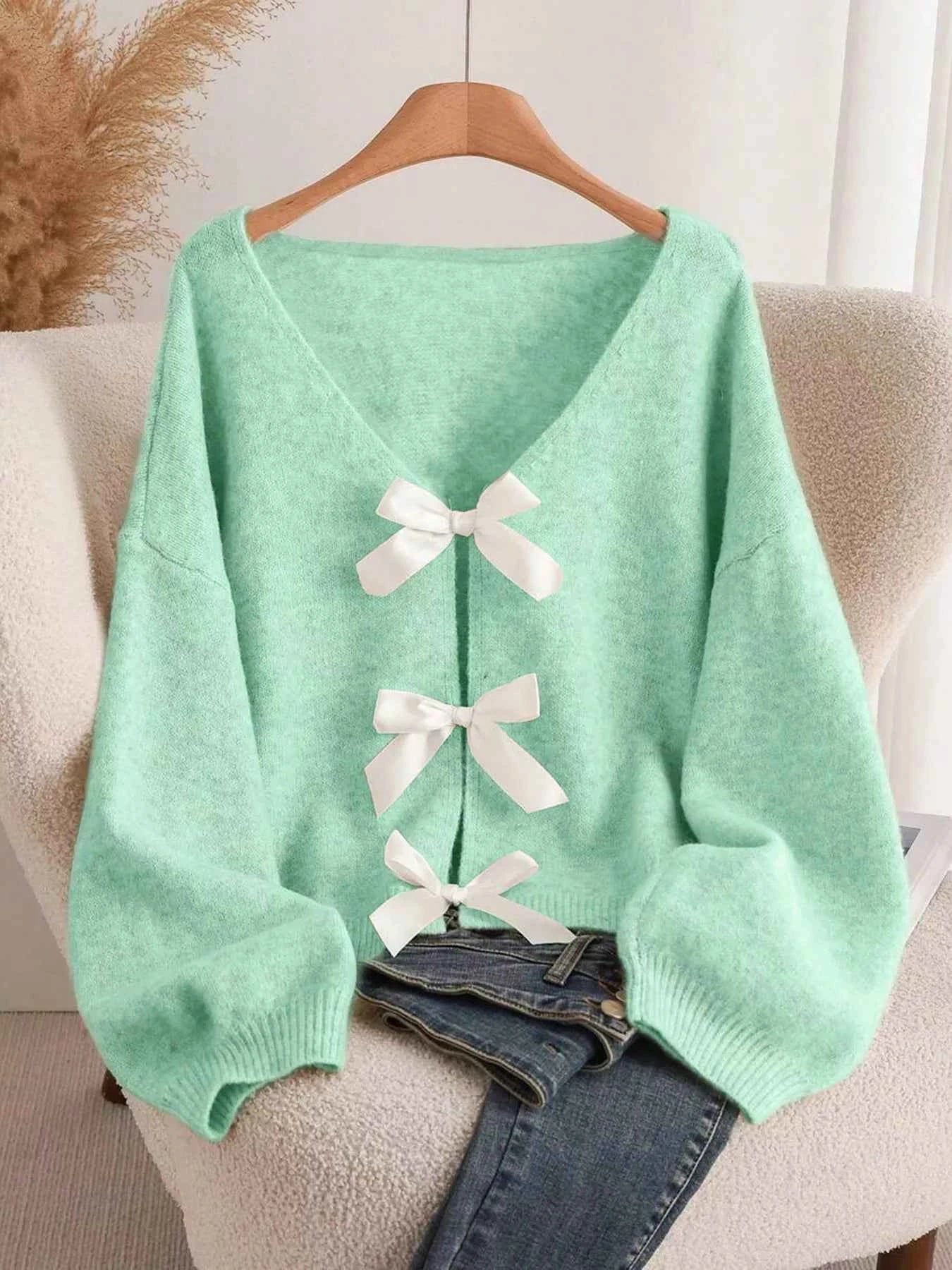 Bow-knot Front V-Neck Knit Cardigan