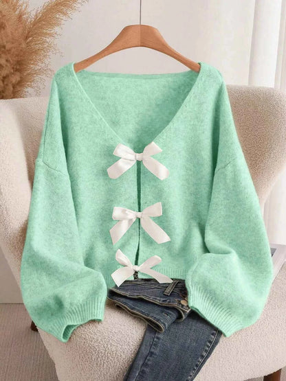 Bow-knot Front V-Neck Knit Cardigan