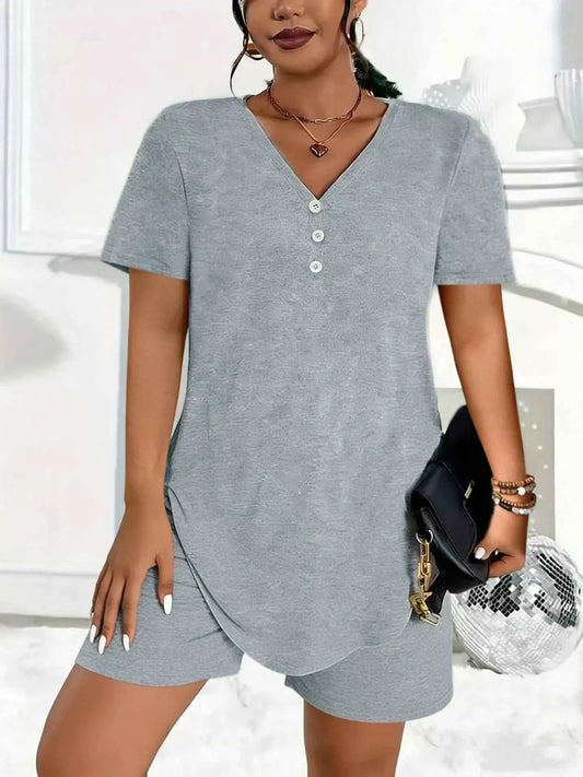 Plus Size V-Neck Short Sleeve Tee and Shorts Set